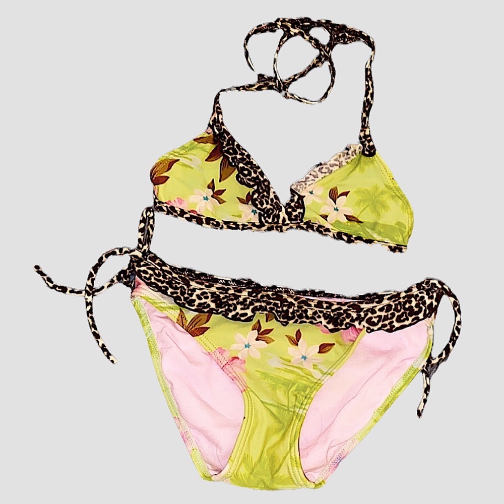 girls bikini size 7/8 green/pink floral cheetah animal print